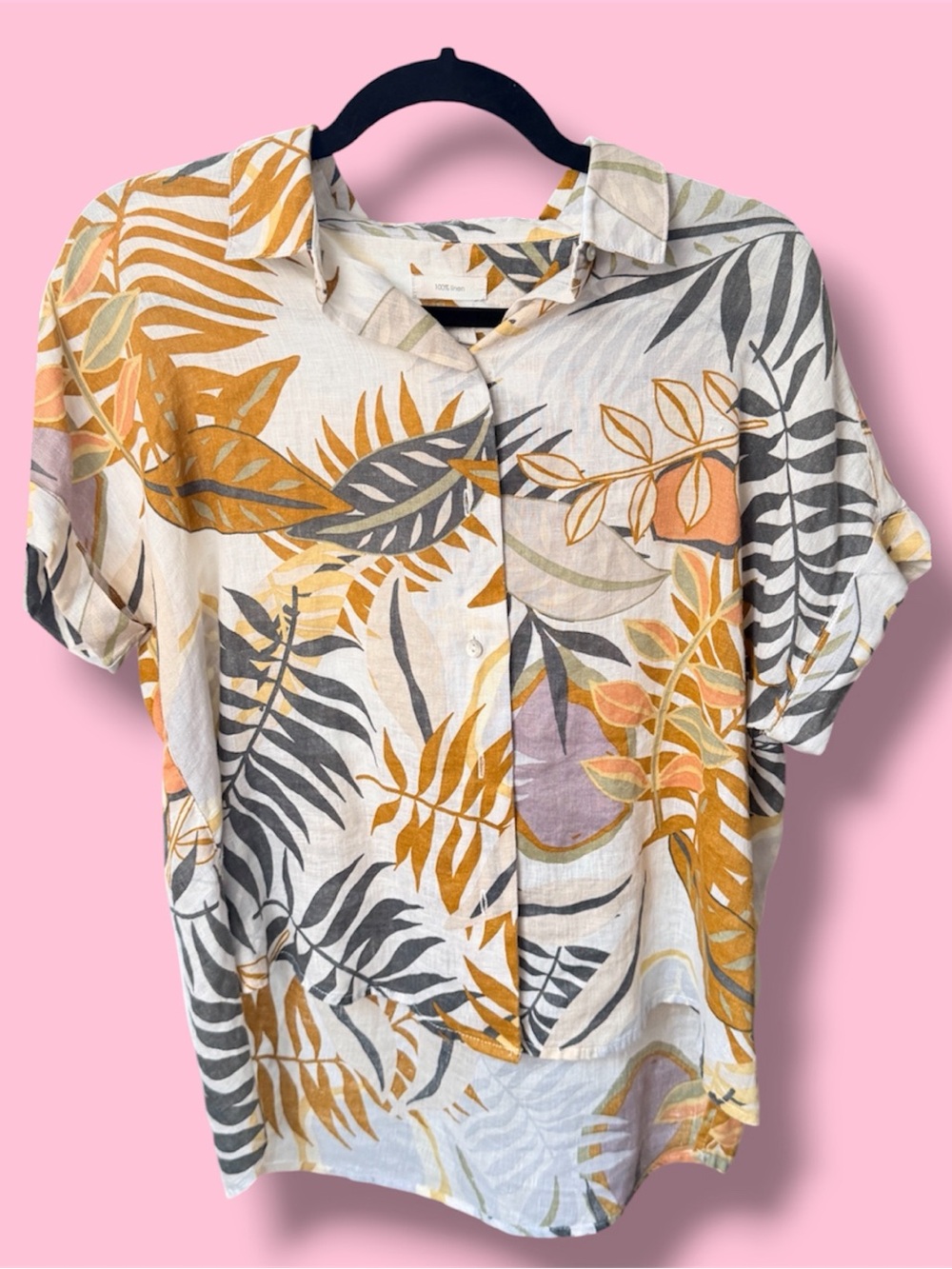 C&C California 100% Linen Multicolor Leaf Print Button-Down Shirt
